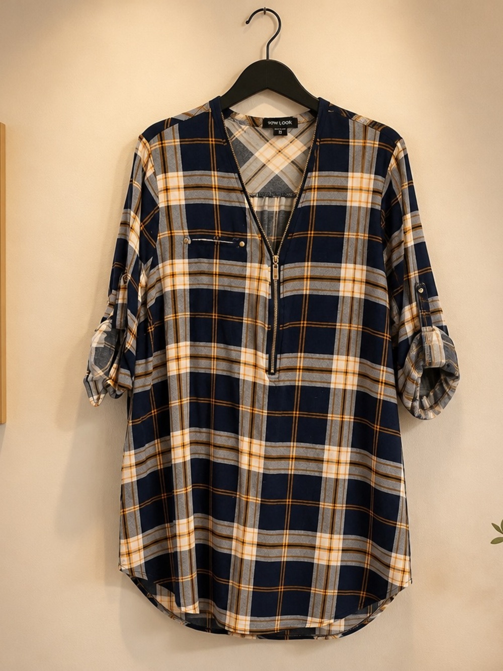 New Look Navy, White & Tan Plaid Zip-Front Roll-Sleeve Tunic
